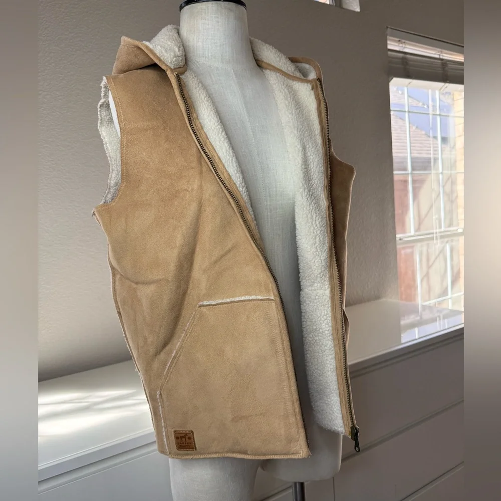 Ralph Lauren tan faux suede hooded sweater vest with pockets - Picture 4 of 6